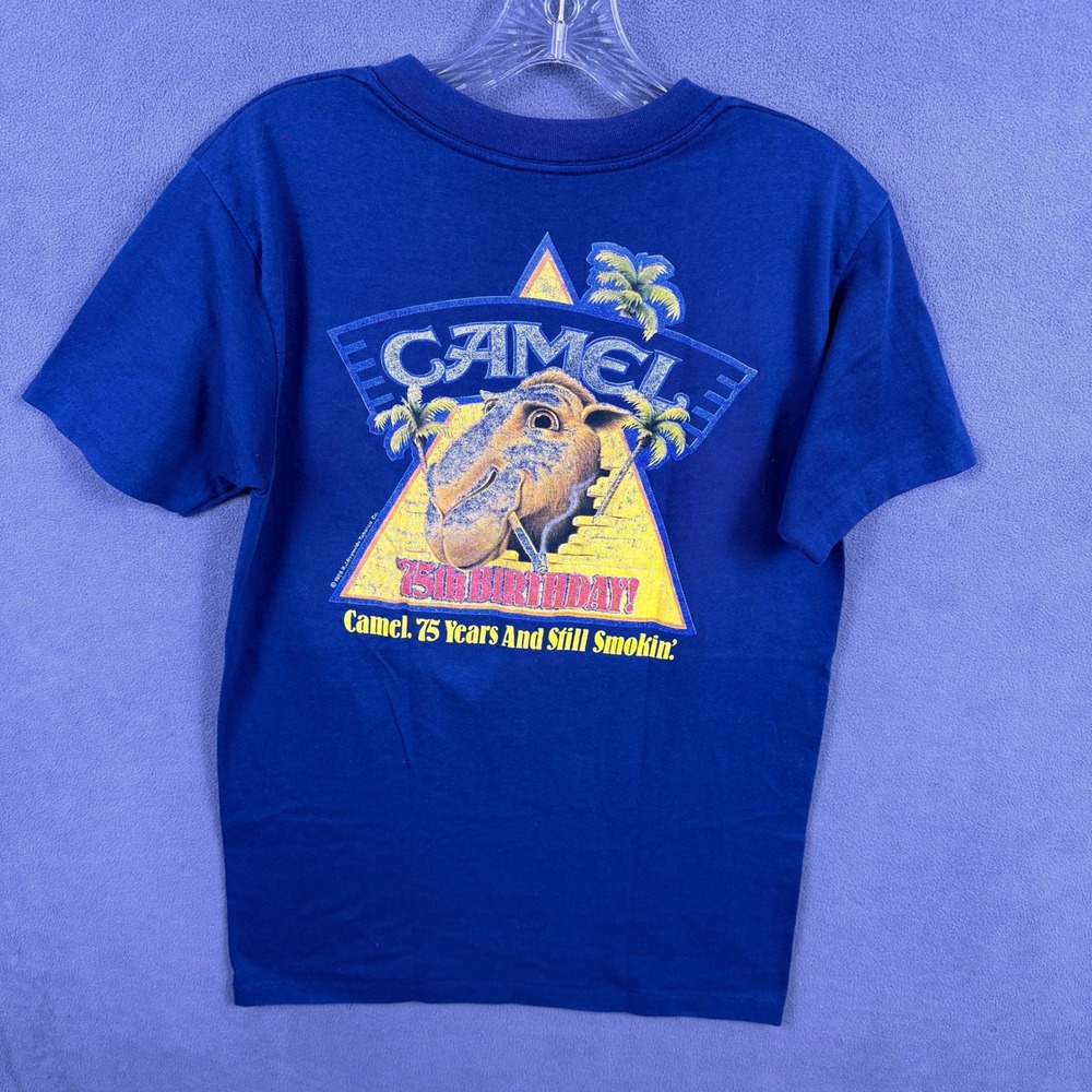 Vintage 80s Camel Cigarettes T Shirt Large Blue 75th Birthday Promo Joe Made USA